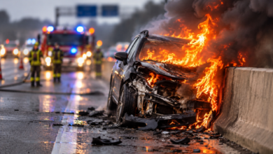 Beitragsbild zu A8 bei Burgau: Pickup rammt Leitwand, überschlägt sich und brennt aus – Fahrer betrunken