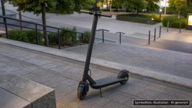 Ein neutral abgestellter E-Scooter ohne Personen – KI-Symbolbild, keine Aufnahme des tatsächlichen Ereignisortes